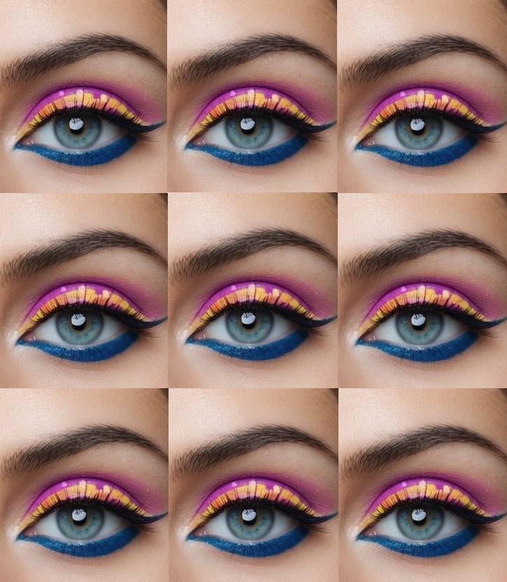 Colorful eye makeup look with yellow and fuchsia eyelid shadow, hot pink crease, and bold blue lower lash line detail.