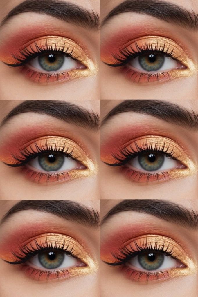 Colorful eye makeup look with peach and copper tones blended across the lid and outer corners, paired with a golden shimmer inner eye detail.