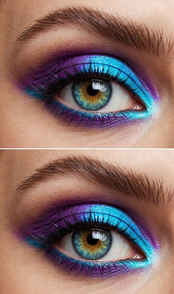 Colorful eye makeup look with bright purple shimmer on the eyelids and bold aqua-blue lining the waterline and inner corners.