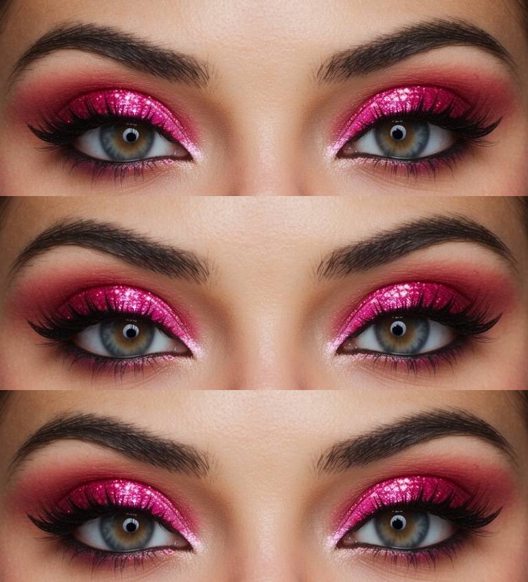 Colorful eye makeup look with chunky pink shimmer eyeshadow on the lids and soft rose-toned shadow blended through the crease and outer edges.