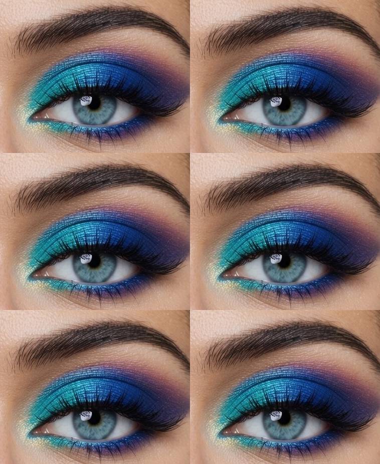 Colorful eye makeup look with gradient teal to indigo shimmer on the lids, paired with a pearl inner corner highlight and deep navy lash line.