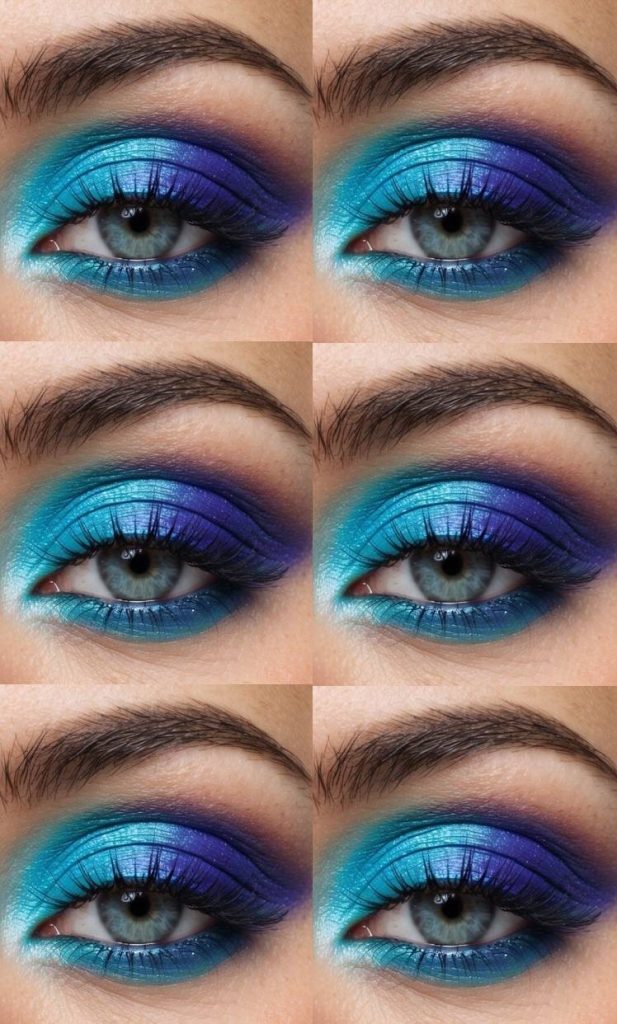 Colorful eye makeup look with icy turquoise shadow transitioning into deep indigo, mimicking an ocean-inspired, twilight-toned eyeshadow gradient.