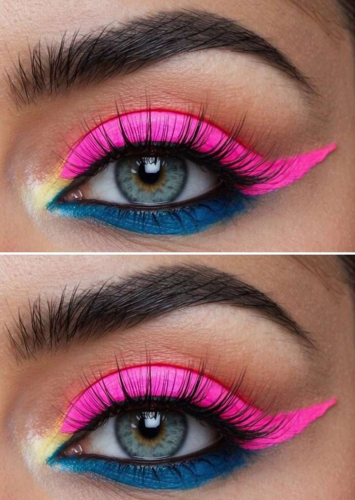 Colorful eye makeup look with a crisp neon pink lid, yellow inner corner, and intense blue lower lash line for a striking pop art finish.