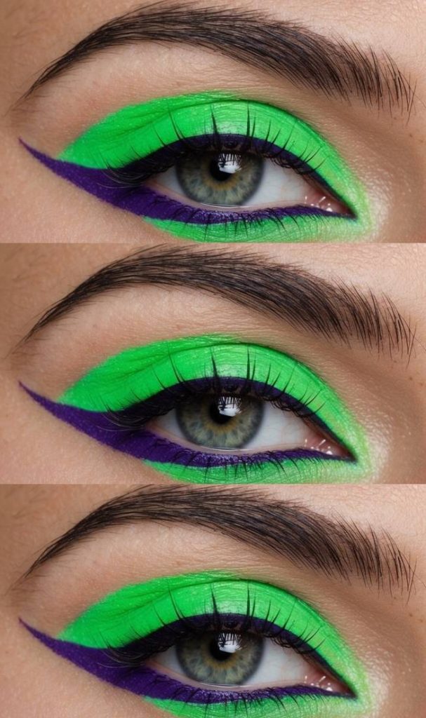 Colorful eye makeup look with matte lime green shadow across the lid and bold purple eyeliner creating a punk-glam finish.
