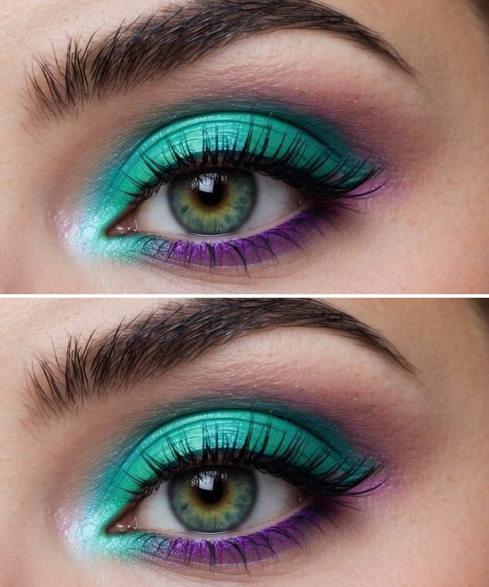 Colorful eye makeup look with a shimmering emerald green lid, soft plum in the crease, and a bold violet pop along the lower lash line.