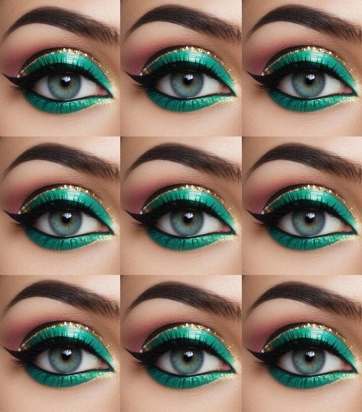 Colorful eye makeup look with jade green shimmer on the lid, gold glitter defining the crease, and bold winged eyeliner along the lash line.