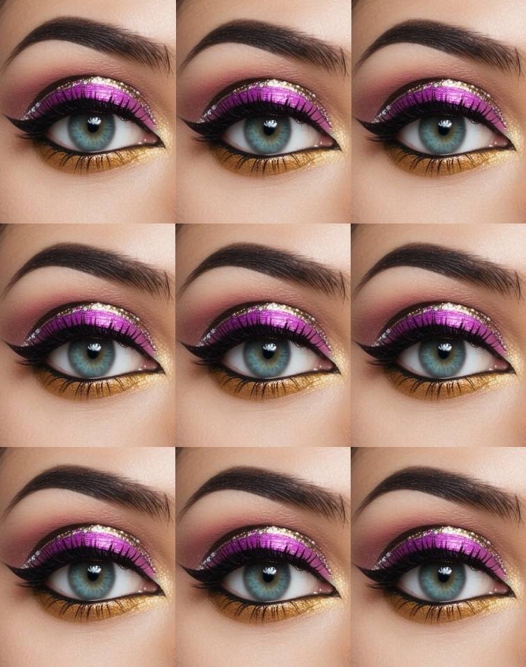 Colorful eye makeup look with bold magenta eyeshadow on the lid, shimmering gold lower lash line, and glitter detail accentuating the cut crease.
