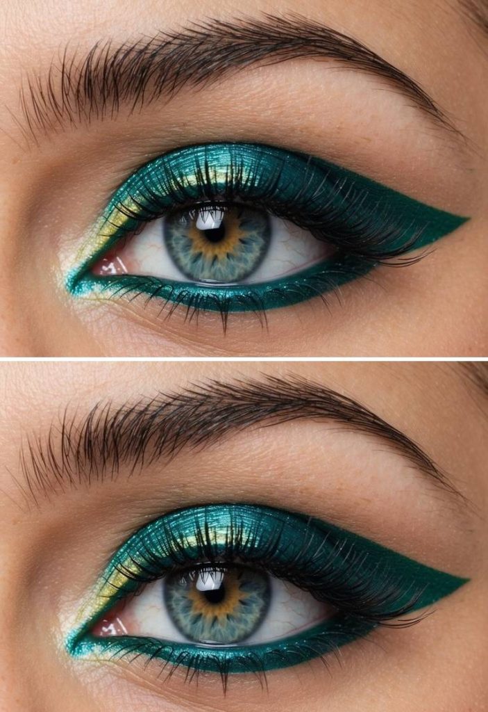 Colorful eye makeup look inspired by ocean hues, featuring teal metallic eyeshadow, deep green winged liner, and a hint of gold shimmer near the tear duct.