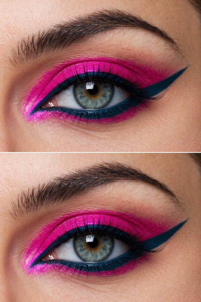 Colorful eye makeup look with matte pink eyeshadow, graphic teal winged liner, precise application, and a polished, editorial-style finish.