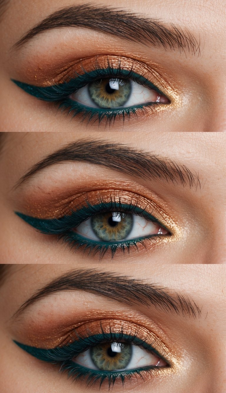 Colorful eye makeup look featuring copper-gold shimmer eyeshadow on the lid, deep teal eyeliner along the lash line, and soft blending that enhances eye shape.