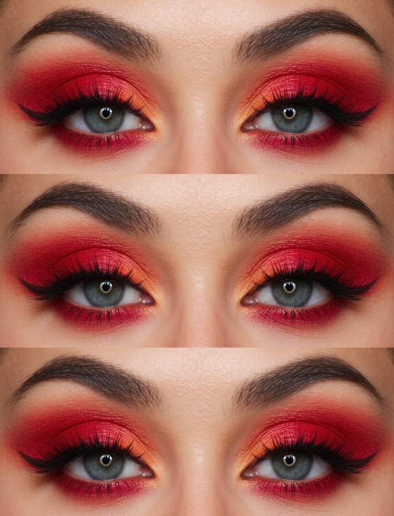Colorful eye makeup look featuring saturated red eyeshadow, orange-toned blending in the crease, and a smooth gradient finish framing the eyes.