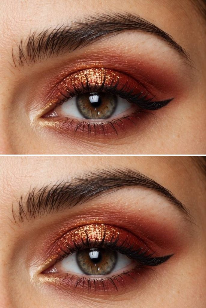 Colorful eye makeup look featuring copper glitter eyeshadow on the lid, warm brown blending in the crease, and a soft black winged liner.