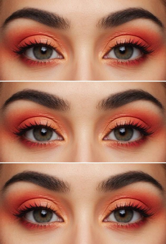 Colorful eye makeup look featuring peachy orange eyeshadow blended with soft red tones, seamless gradients, and full lashes framing the eyes.