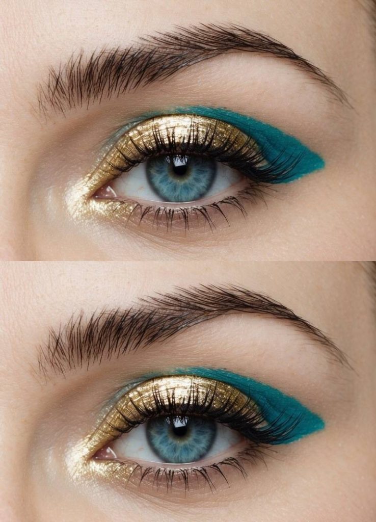 Colorful eye makeup look featuring metallic gold eyeshadow on the lid, cool teal winged liner, subtle inner-corner glow, and defined lashes framing the eye.