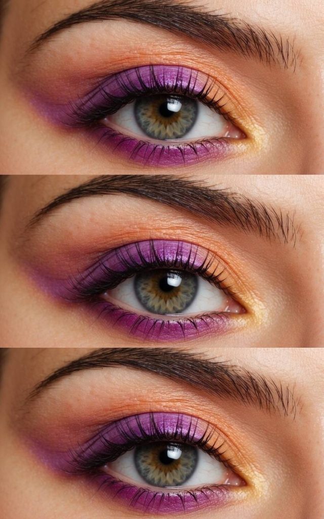 A close-up of an eye in three different images, showcasing vibrant makeup with purple eyeshadow on the eyelid, orange above the eyelid, and yellow at the inner corners.