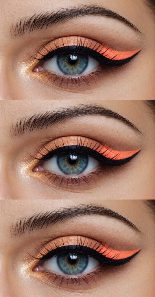 Colorful eye makeup look featuring peach eyeshadow on the lid, sharp black winged eyeliner, and a coral accent flick extending the outer corner.