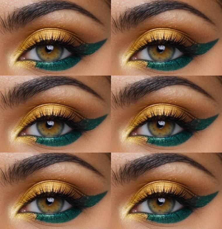 Colorful eye makeup look featuring gold shimmer eyeshadow on the lid, deep teal winged eyeliner, and coordinated teal along the lower lash line.