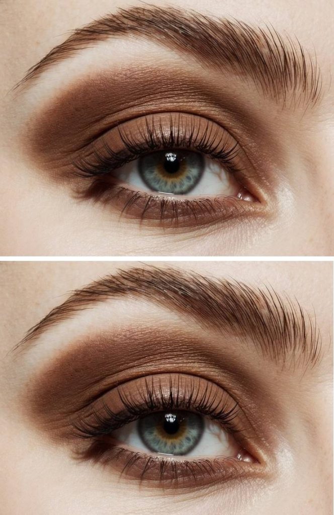 Chestnut eyeshadow wash softly transitioning into a deeper crease shade, representing a natural approach to beginners eye makeup styles.