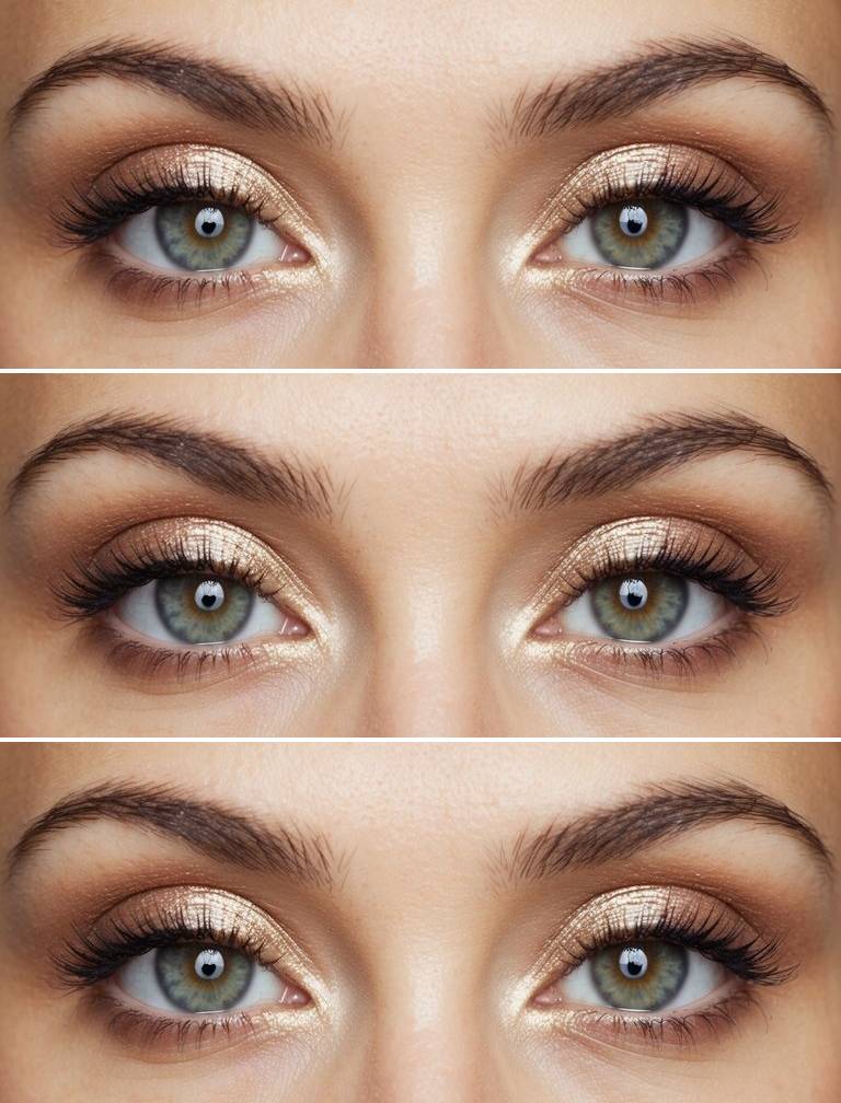 Champagne shimmer fading into warm brown edges on the eyelids, representing a polished version of beginners eye makeup styles.