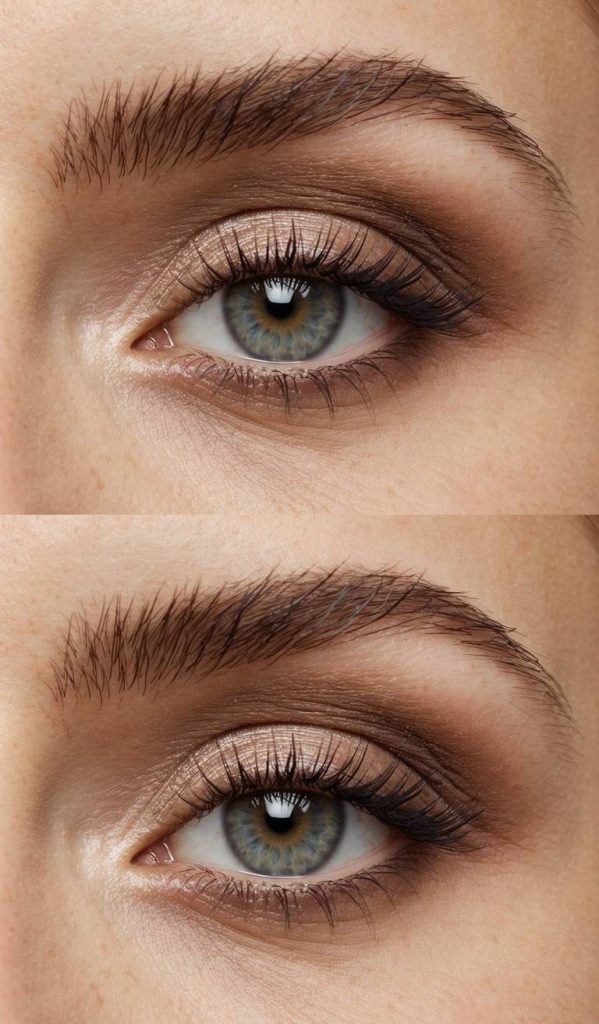 Champagne-toned eyeshadow blending outward into light brown shading, showing an understated, lifted effect used in beginners eye makeup styles.