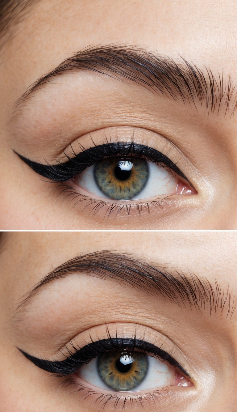 Sharp black winged liner extending from the upper lash line, showing a clean and structured look used in beginners eye makeup styles.