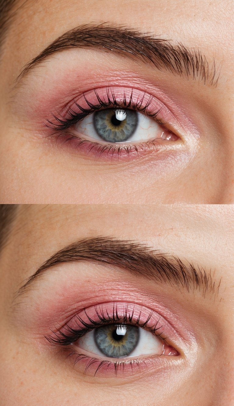 Petal pink eyeshadow sweeping across the lid with faint outer-corner shading, showing a softly shaped look used in beginners eye makeup styles.