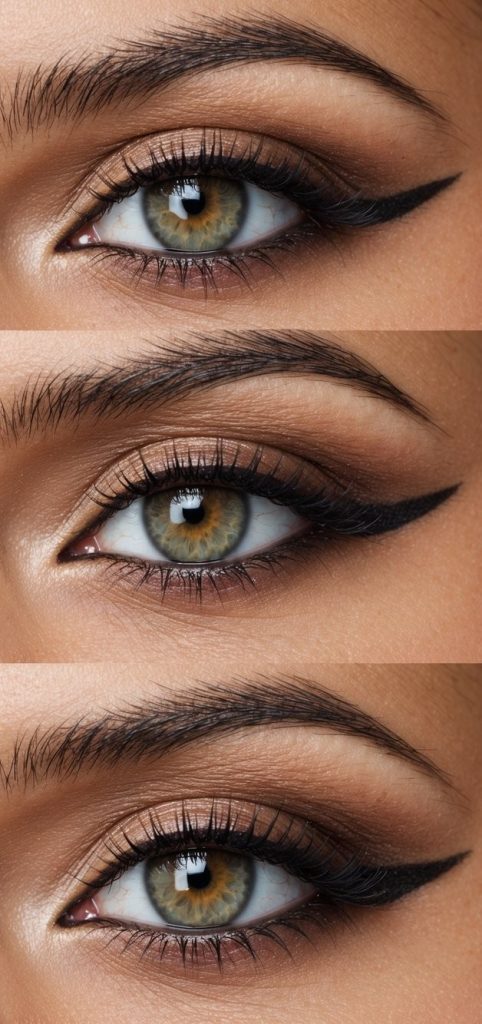 Smoky black wing blending into warm brown eyeshadow, creating a sultry, defined effect typical in beginners eye makeup styles.