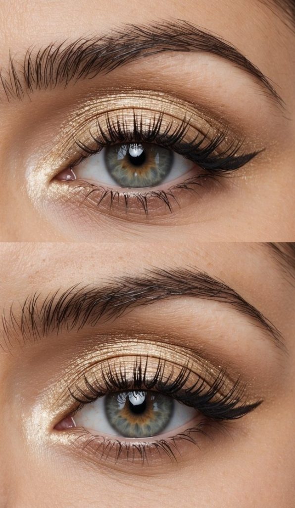 Foiled gold eyeshadow covering the lid with a sharp black winged liner, showing a bold reflective style common in beginners eye makeup styles.