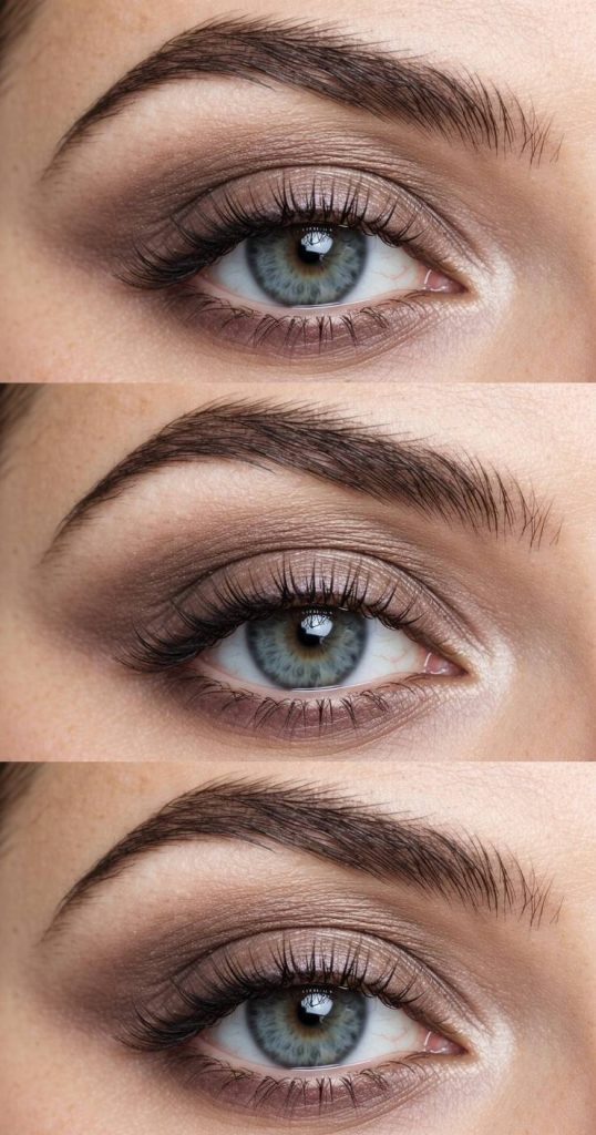 Misty taupe eyeshadow softly blended through the lid and crease, showing smooth gradient shading typical of beginners eye makeup styles.