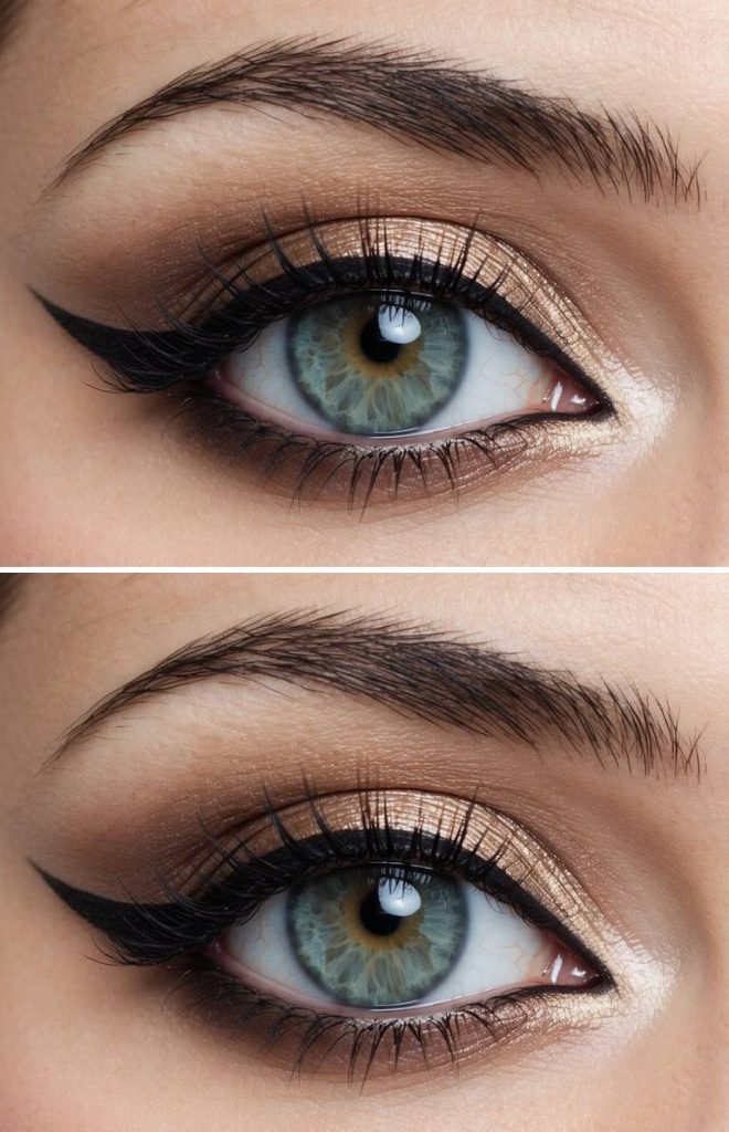 Metallic gold eyeshadow brightening the lid with a strong black wing defining the lash line, illustrating structured blending in beginners eye makeup styles.