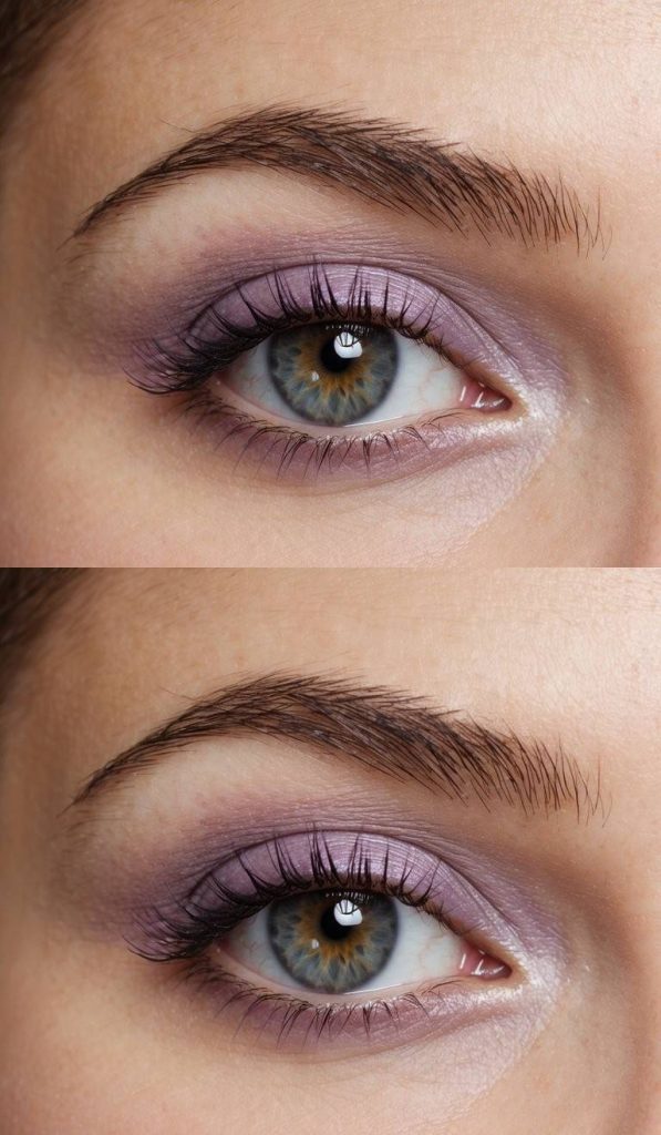 Lilac shimmer on the lid with diffused mauve crease shading, illustrating a cool-toned gradient used in beginners eye makeup styles.