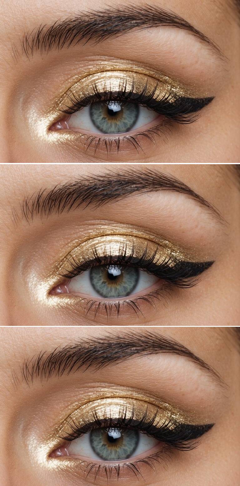 A close-up of an eye with blue-gray iris adorned with shimmery gold eyeshadow and black eyeliner, enhancing the shape and definition of the eye.