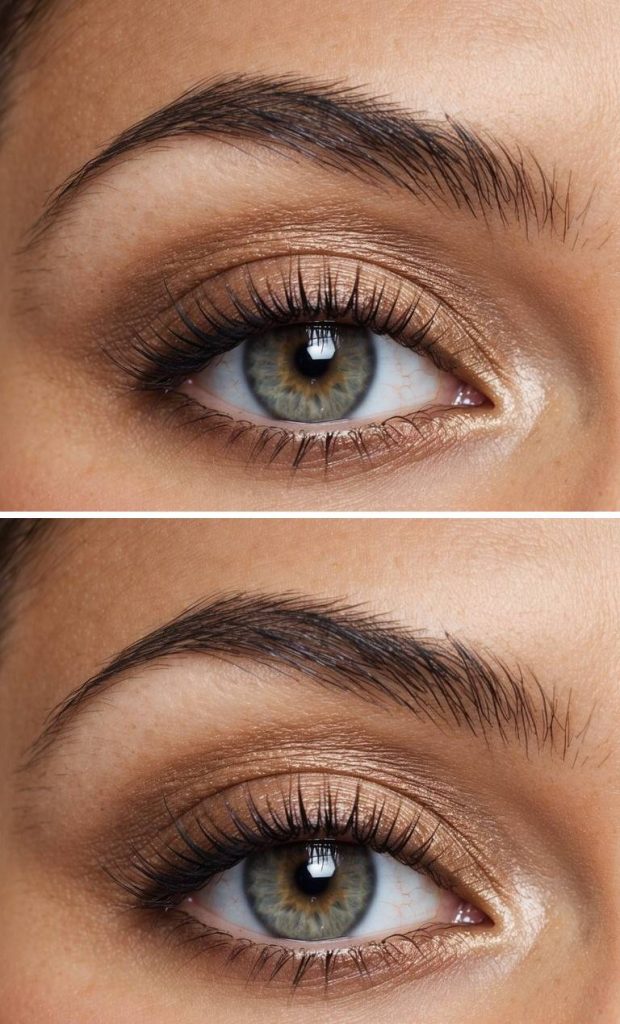 Bronze shimmer blended across the eyelid with gentle crease depth, showing warm dimension used in beginners eye makeup styles.