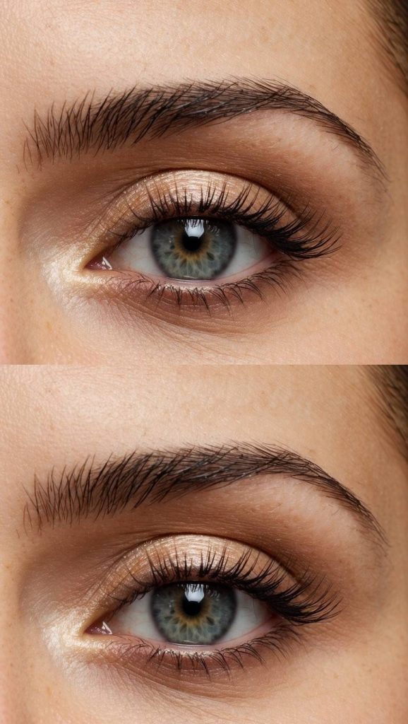 Light bronze eyeshadow washed across the lid with seamless blending, illustrating a natural look used in beginners eye makeup styles.