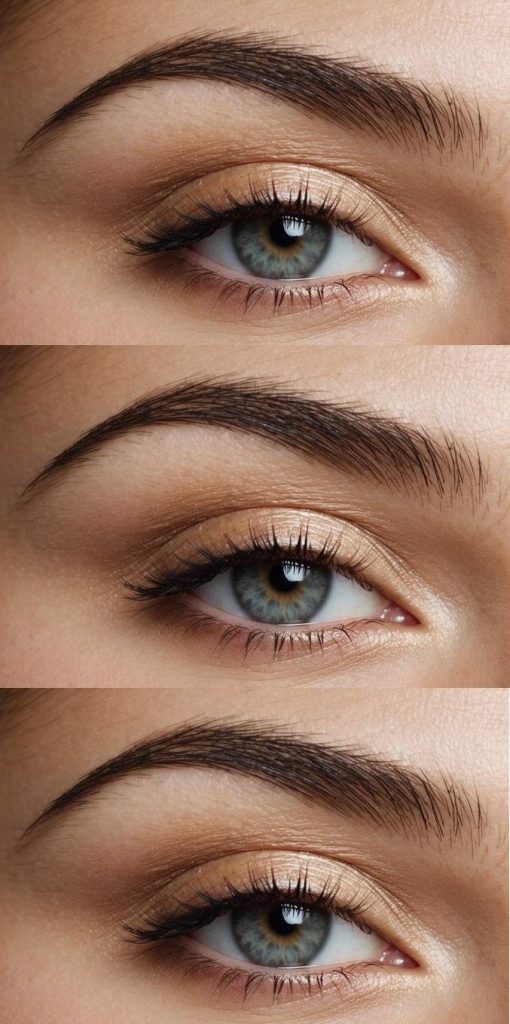 Soft gold eyeshadow washed over the lid with light contouring, illustrating a warm, gentle effect common in beginners eye makeup styles.