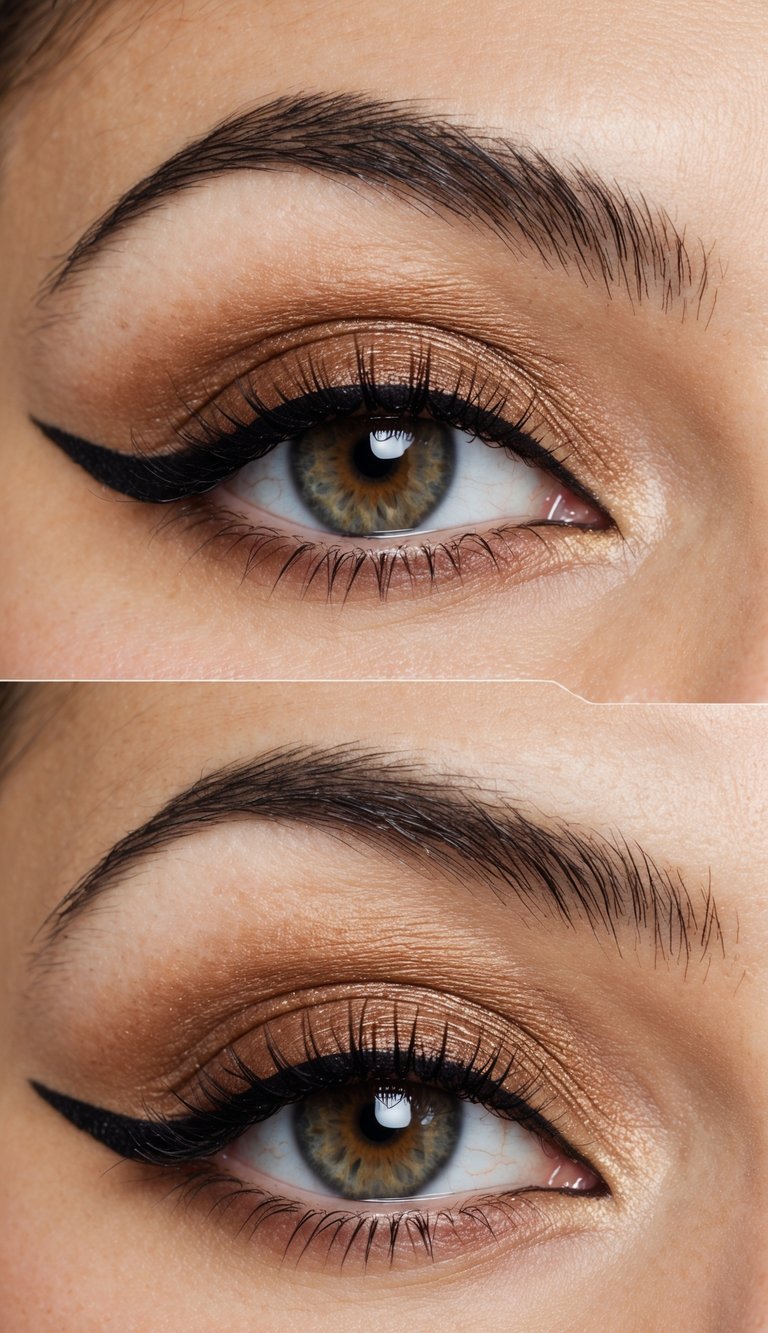 Golden brown shimmer across the eyelid with a precise black wing, demonstrating a polished version of beginners eye makeup styles.