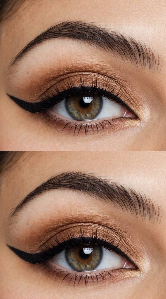 Golden-brown shadow on the eyelid with crease shading and a bold wing, reflecting classic shaping from beginners eye makeup styles.