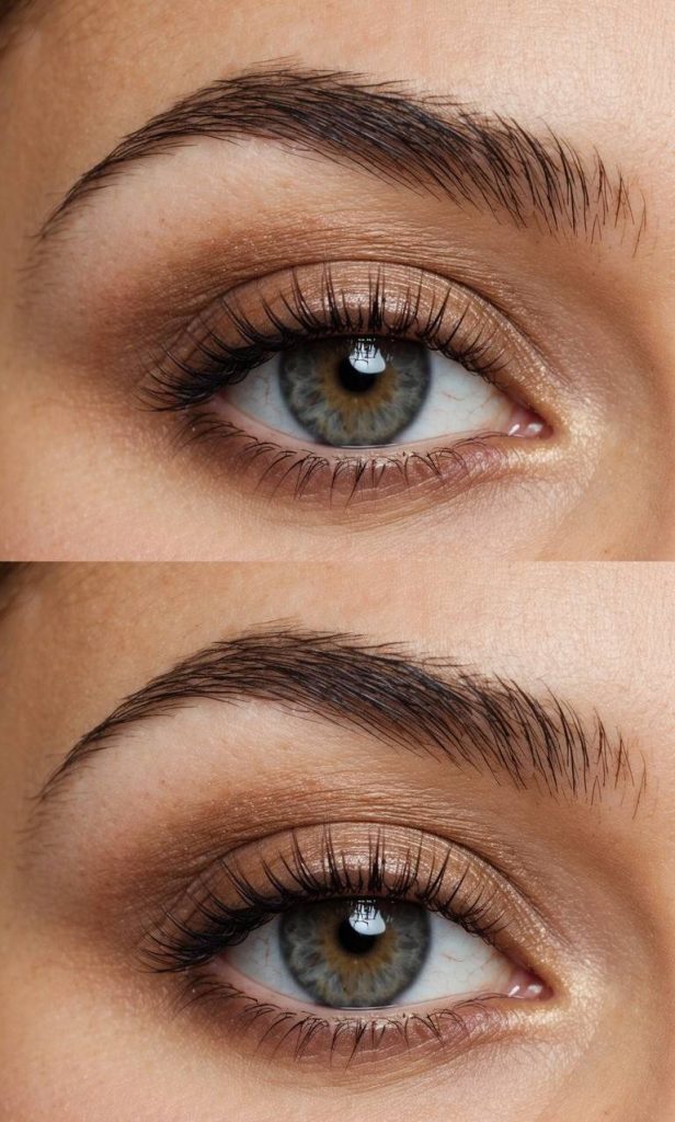 Golden taupe shimmer on the eyelid with muted crease depth, representing an understated polished look from beginners eye makeup styles.