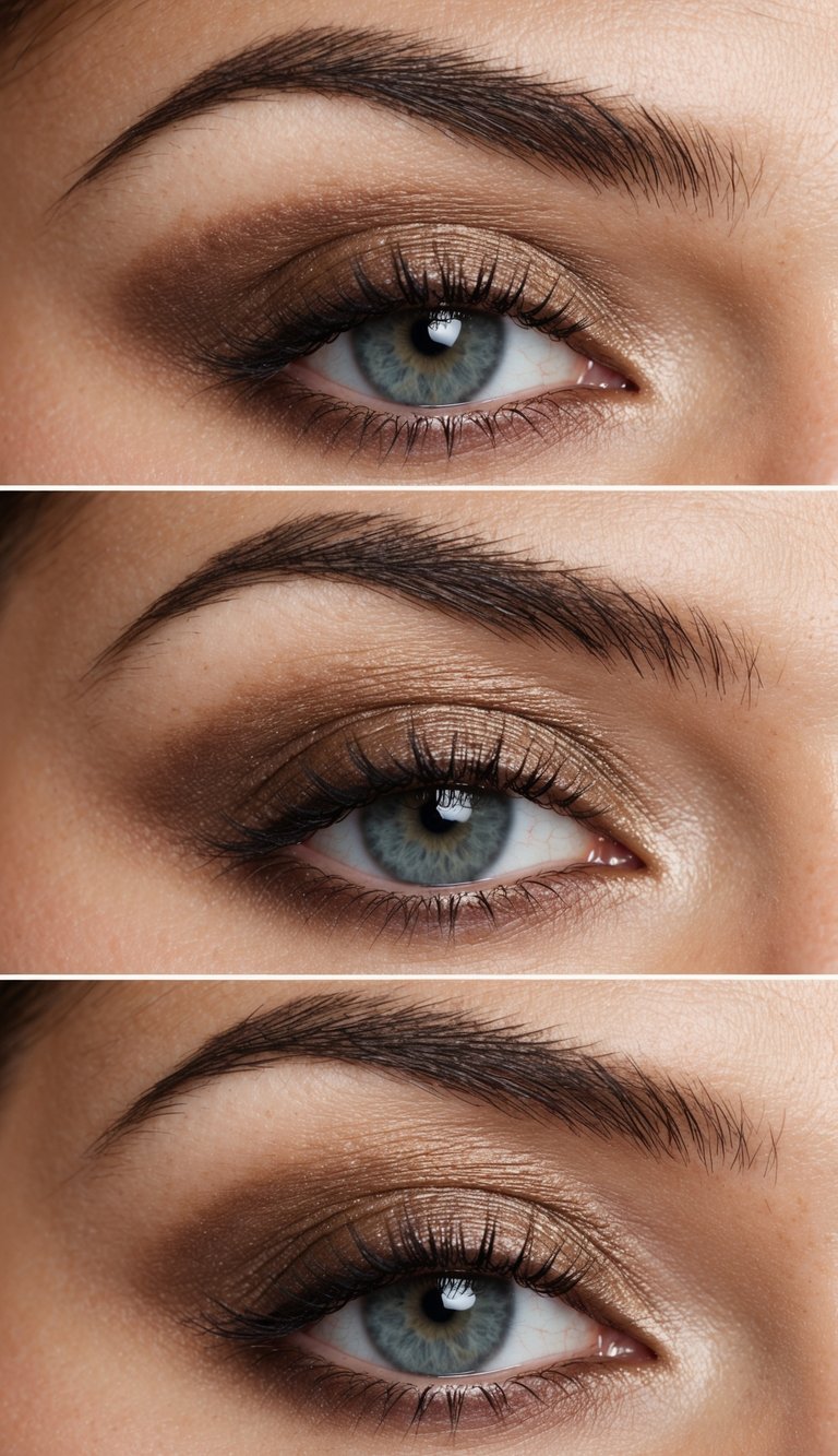 Smoky cocoa eyeshadow blended through the outer lid with gold shimmer at the center, showing a warm gradient typical of beginners eye makeup styles.