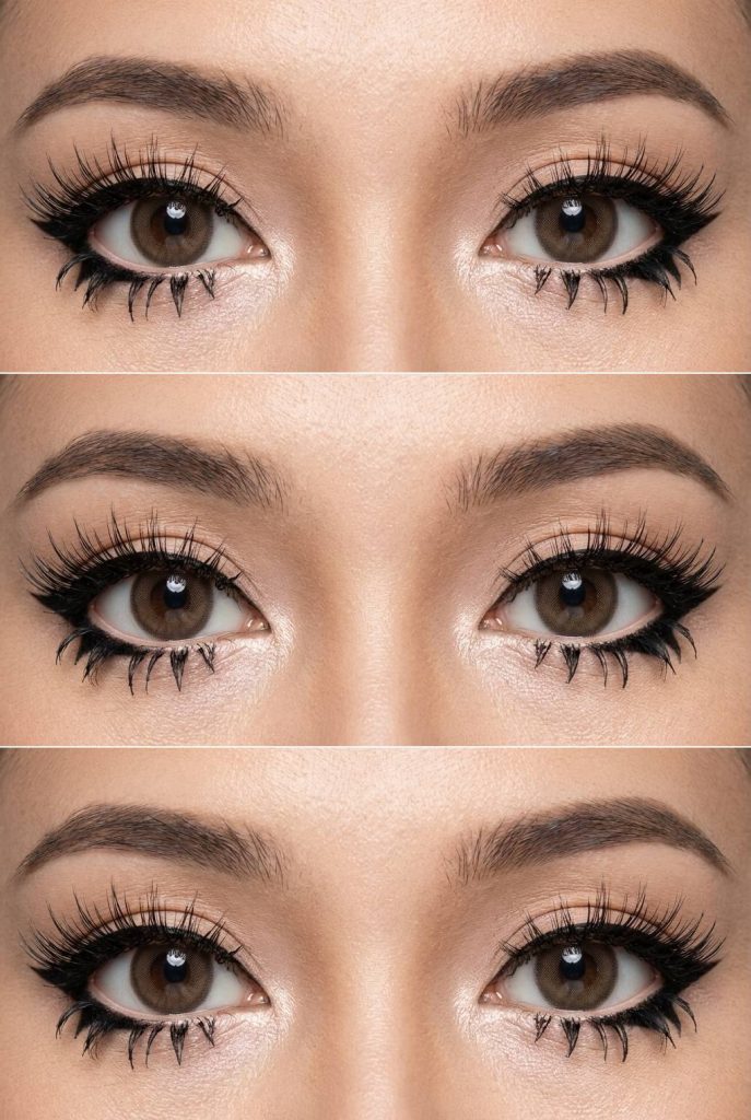A sequence of three close-up images showing eyes with bold eyeliner and mascara, highlighting the eyelashes and defined eyebrows.