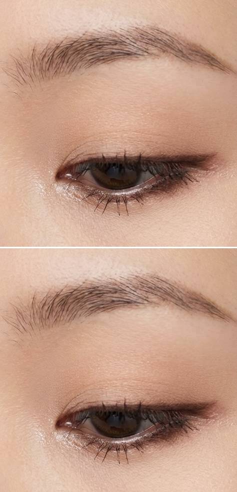 Monolid eye makeup idea showing light beige eyeshadow paired with a soft brown eyeliner, adding gentle definition to the eye shape.