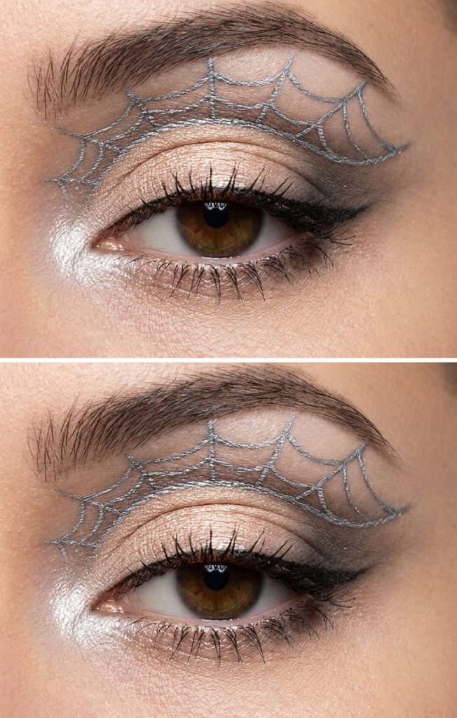 Zoomed-in view of a spiderweb eye makeup idea with soft gold-beige eyeshadow and shiny silver webbing drawn from inner to outer crease.