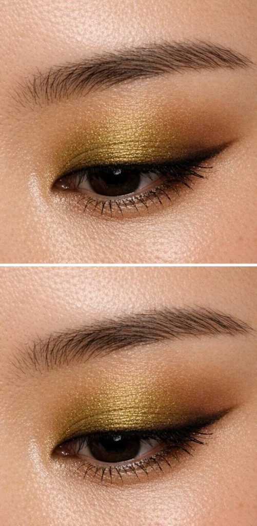 Monolid eye makeup idea showcasing chartreuse-gold shimmer across the lid, fading into matte brown shadow and finished with sleek black eyeliner.