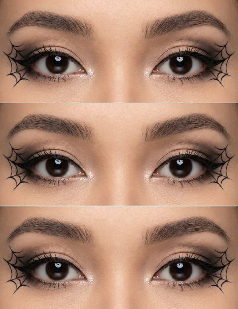 Close-up series of a spiderweb eye makeup idea featuring glowing champagne eyeshadow and delicate black spiderweb liner designs drawn from the outer corners of both eyes.
