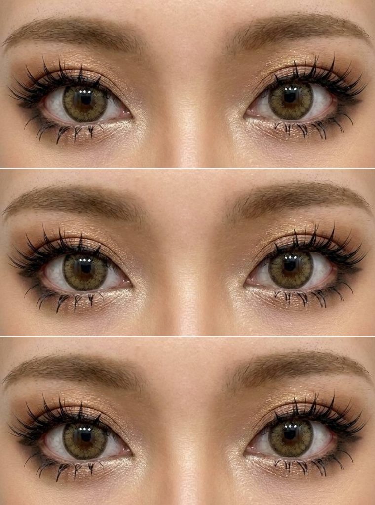 Gyaru eye makeup with golden shimmer on lids, soft smoked detailing on the lower lash line, and feathery lashes to highlight the round eye shape.