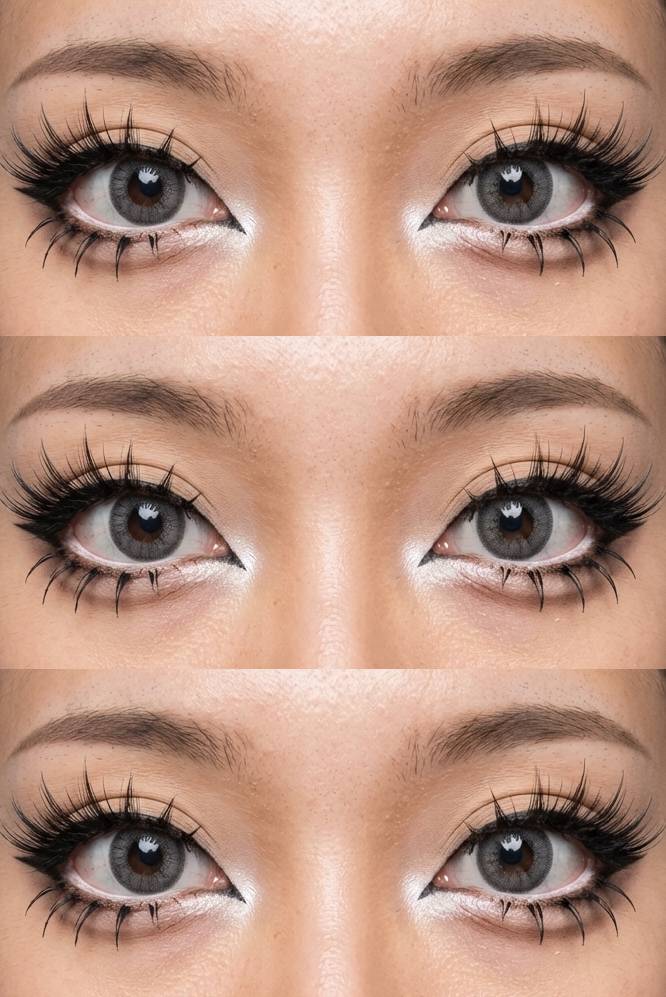 Gyaru eye makeup look showing black winged liner, glowing white inner corners, and defined lower lash lines with symmetrical spacing and long top lashes.