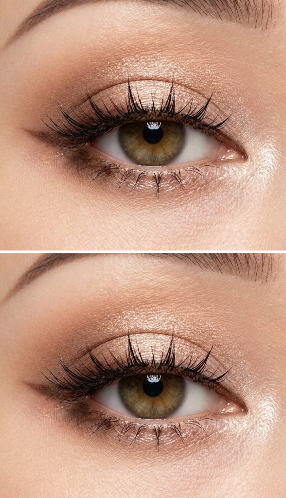 Champagne shimmer eyeshadow sparkles softly across the lid in a delicate douyin eye makeup trend, paired with airy lashes and gentle warmth.