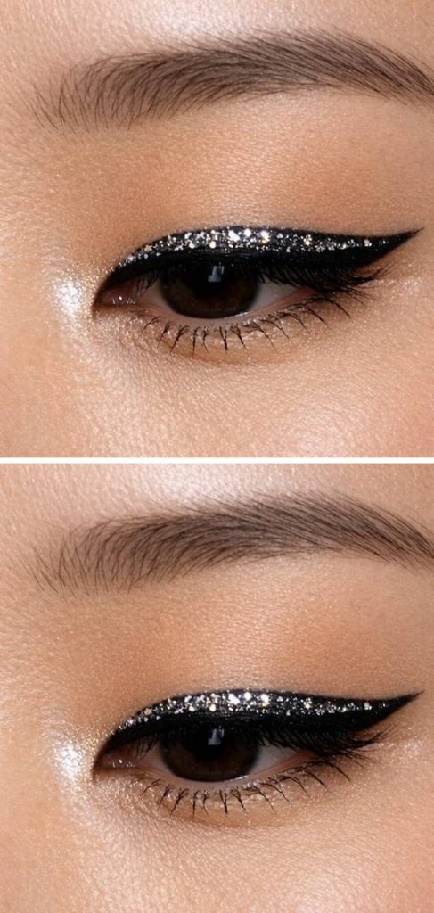 Monolid eye makeup idea using silver glitter as a starry accent over sleek black eyeliner, giving the eyes a bright yet clean look.
