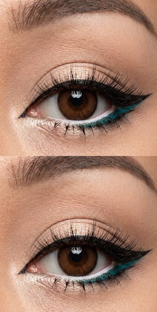 Gyaru eye makeup look with soft champagne shimmer, defined black upper liner, and teal pigment along the lower lashes for contrast and playfulness.