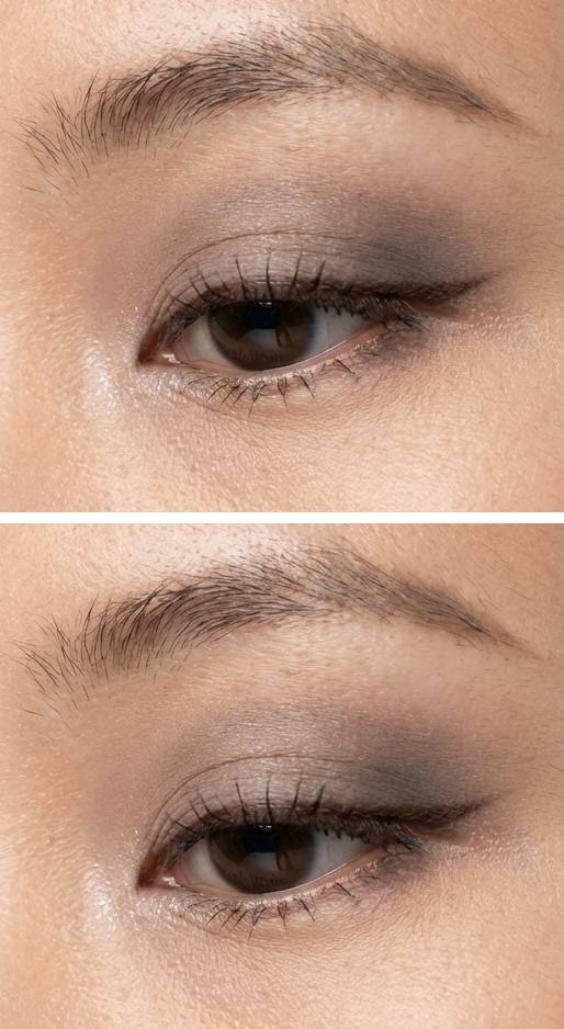 Monolid eye makeup idea with a minimal smoky eye using soft neutral tones to subtly define and elongate the eye shape.